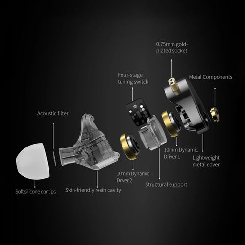 KZ Castor Pro IEM with HD Mic, Dual 10mm Dynamic Driver, Harman Target Improved Bass for Hi-Res Audio Quality, 4 Tuning Switch, Oxygen Free Copper Flat Cable, 0.78mm 2Pin & 3.5mm Plug Compatible